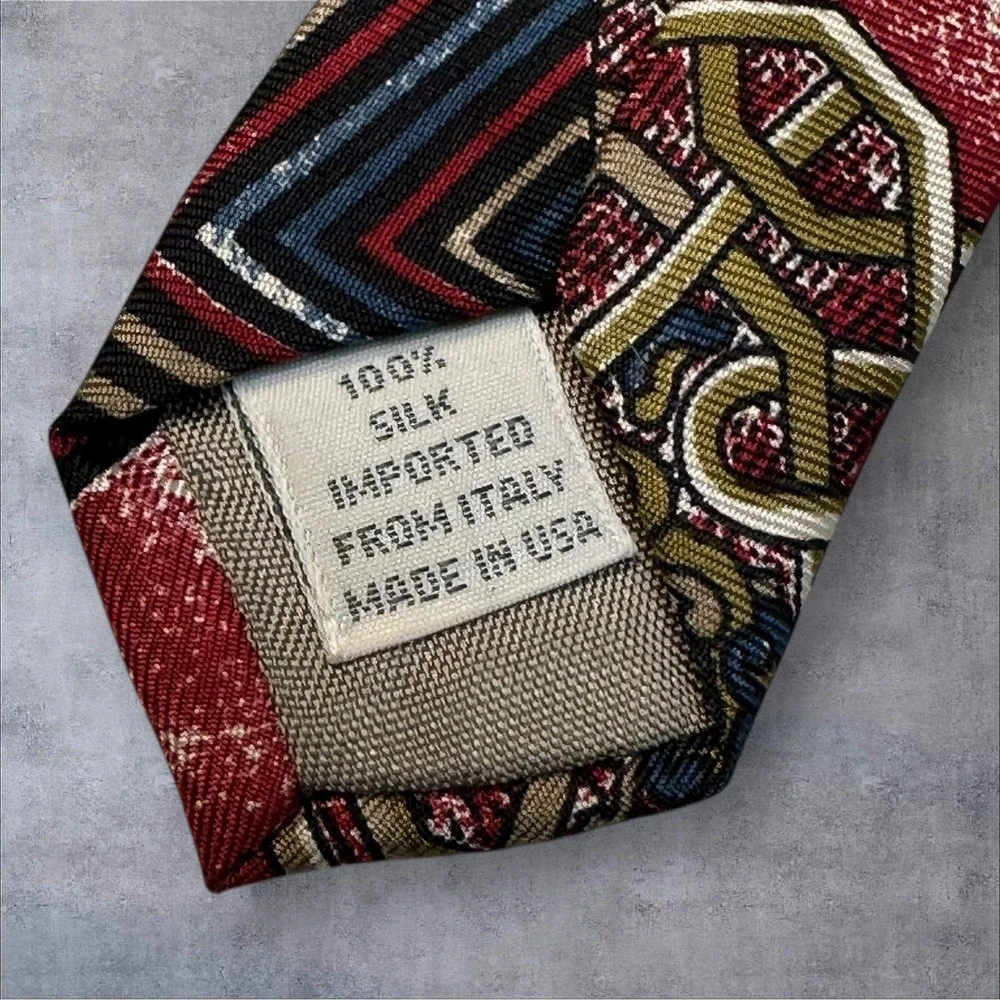 Patinni Union Made Silk Tie Red Black Geometric Pattern‎ Vintage Neckwear USA